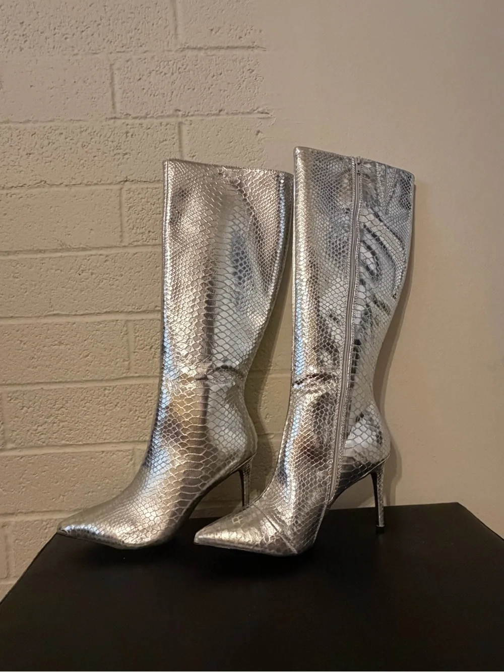 INC International Concepts Silver Snakeskin Over-the-Knee Stiletto Boots in